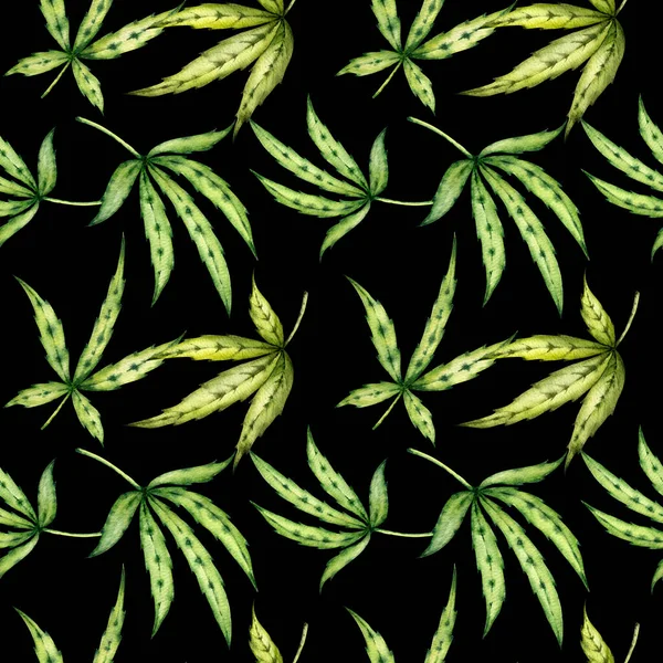 Ilustracja Akwareli Sztuka Botaniczna Płynny Wzór Zielonych Liści Marihuany Ciemnym — Zdjęcie stockowe
