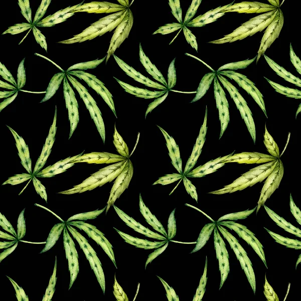 Watercolor illustration. Botanical Art. Seamless pattern of green cannabis leaves ondark background