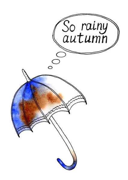 Hand painted watercolor set in sketch line art style. Isolated autumn umbrella in warm colors with lettering