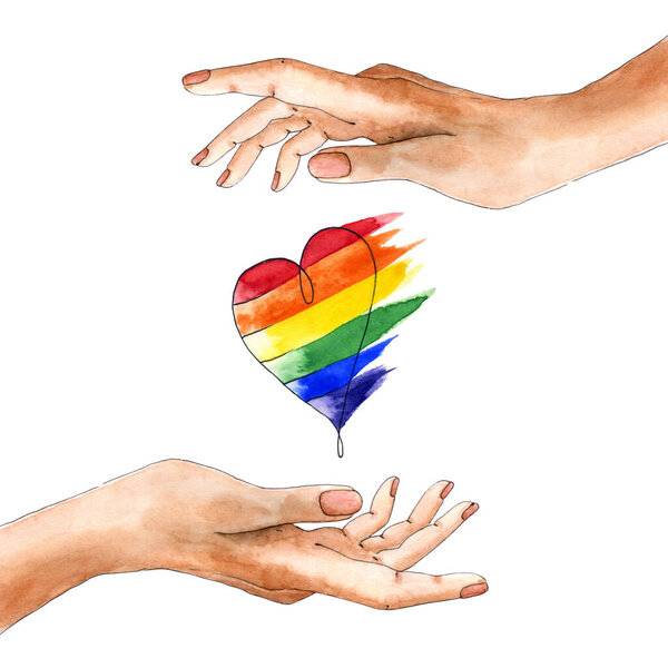 Watercolor Illustration. World Coming out Day. Women hands with rainbow heart as symbol of lgbt community, peace and pride