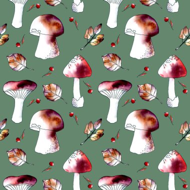 El boyası suluboya, çizim tarzında kusursuz desen. Hygge Sonbaharı. İzole edilmiş mantar, yaprak ve böğürtlen resimleri