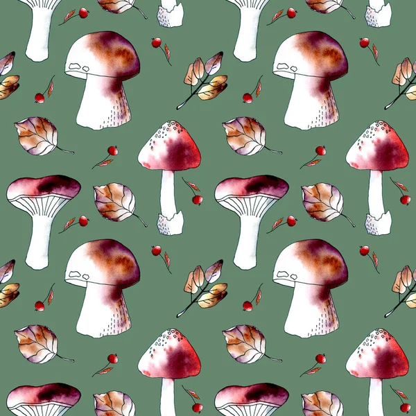 El boyası suluboya, çizim tarzında kusursuz desen. Hygge Sonbaharı. İzole edilmiş mantar, yaprak ve böğürtlen resimleri