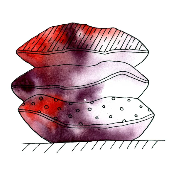 Handgemalte Aquarell Illustration Skizzenkritzelstil Rote Kissen Mit Geometrischem Muster — Stockfoto