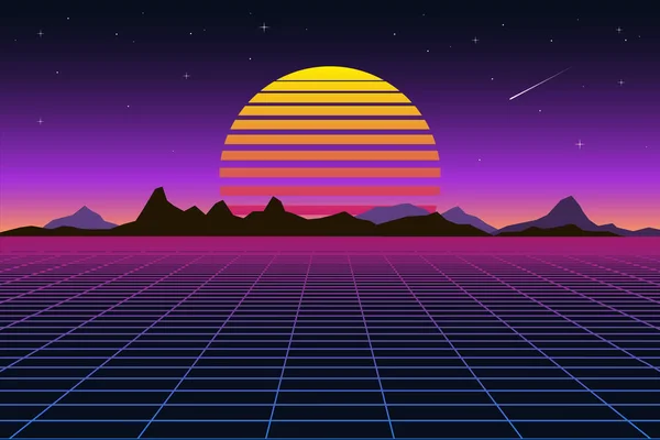 Retro arka plan fütüristik manzara 1980'lerin tarzı. Dijital retro manzara cyber yüzey. Retro müzik albüm kapak şablonu güneş, uzay, dağlar .