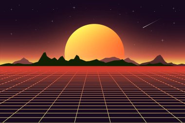 Retro arka plan fütüristik manzara 1980'lerin tarzı. Dijital retro manzara cyber yüzey. Retro müzik albüm kapak şablonu güneş, uzay, dağlar .