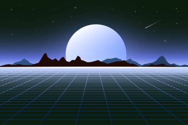 Retro arka plan fütüristik manzara 1980'lerin tarzı. Dijital retro manzara cyber yüzey. Retro müzik albüm kapak şablonu güneş, uzay, dağlar .