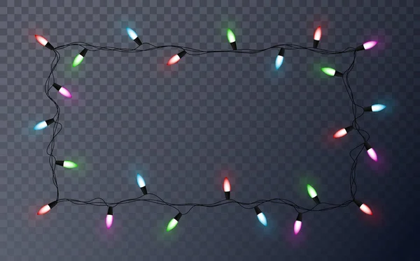 Weihnachtslichtschnur isoliert auf transparentem Hintergrund. Rahmen Lampe Effekt Dekoration. — Stockvektor