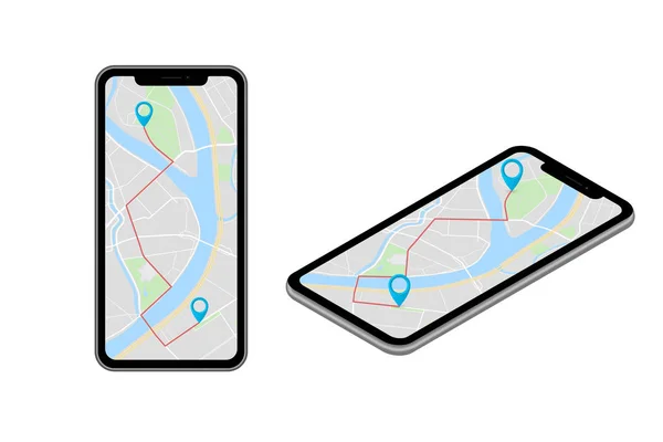 İzometrik şehir harita smartphone navigasyon, Isometry telefon nokta işareti, vektör şema izometrik şehir planı Gps navigasyon tablet, güzergah hedef ok kağıt şehir haritası. Rota izometrik kontrol noktasına