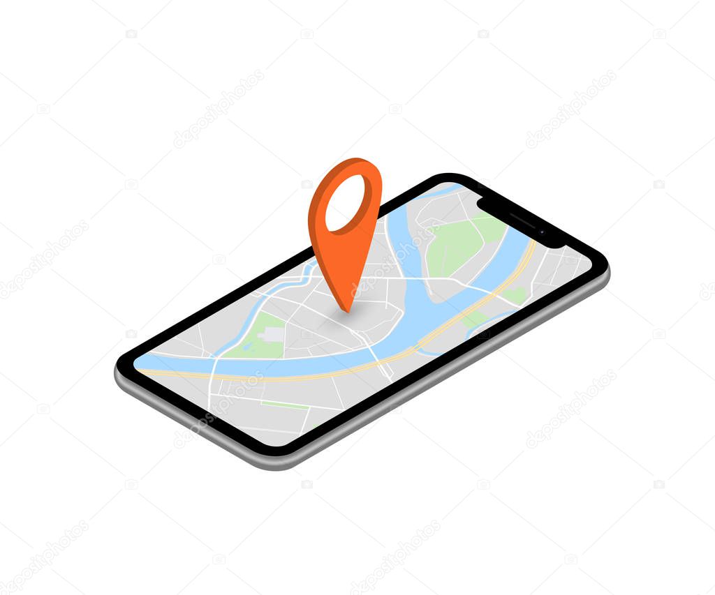 City map route navigation smartphone, phone point marker vector drawing schema isometric city plan GPS navigation tablet, itinerary destination arrow isometry paper city map