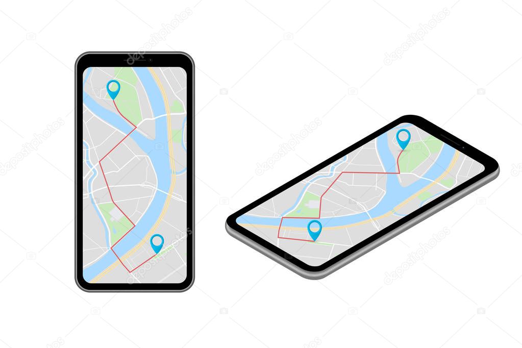 Isometric City map smartphone navigation, Isometry phone point marker, vector schema isometric city plan GPS navigation tablet, itinerary destination arrow paper city map. Route isometric check point