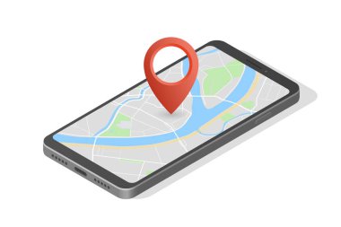 Şehir harita yol gezinti smartphone, telefon nokta işareti vektör çizim şema izometrik şehir planı Gps navigasyon tablet, güzergah hedef ok isometry kağıt şehir haritası