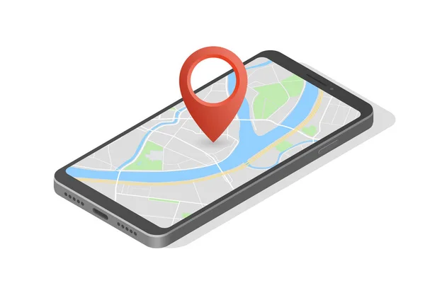 Mapa de la ciudad ruta de navegación smartphone, marcador de punto de teléfono esquema de dibujo vectorial plano isométrico de la ciudad tableta de navegación GPS, itinerario destino flecha isometría papel mapa de la ciudad — Vector de stock