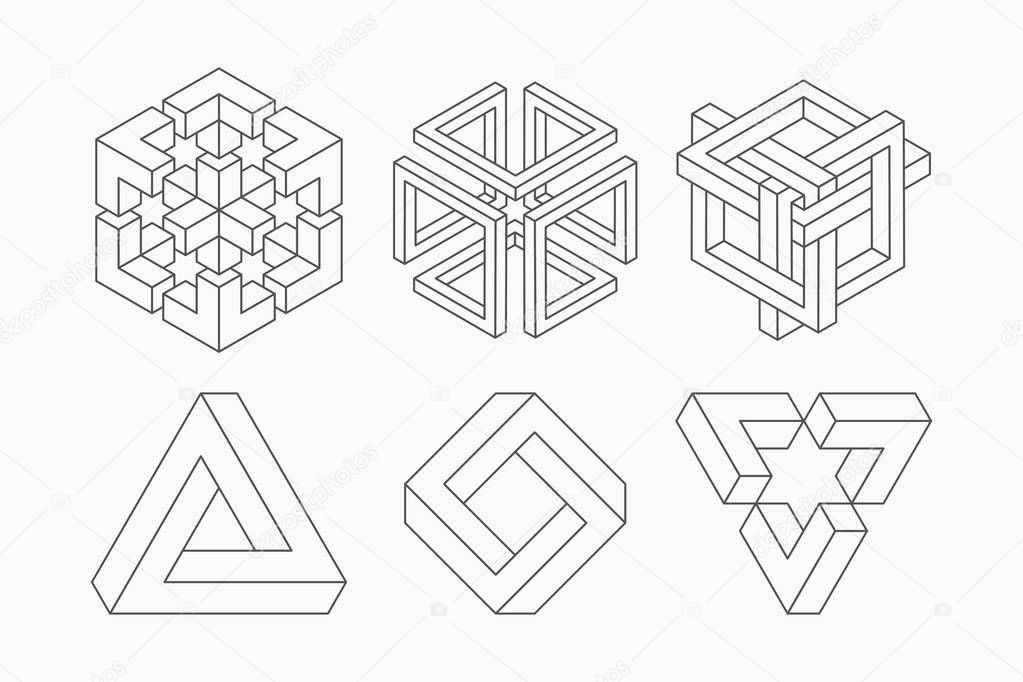 Graphic impossible shapes. Circle, square and triangle symbols with escher paradox impossible geometry geometric graphic, vector illustration