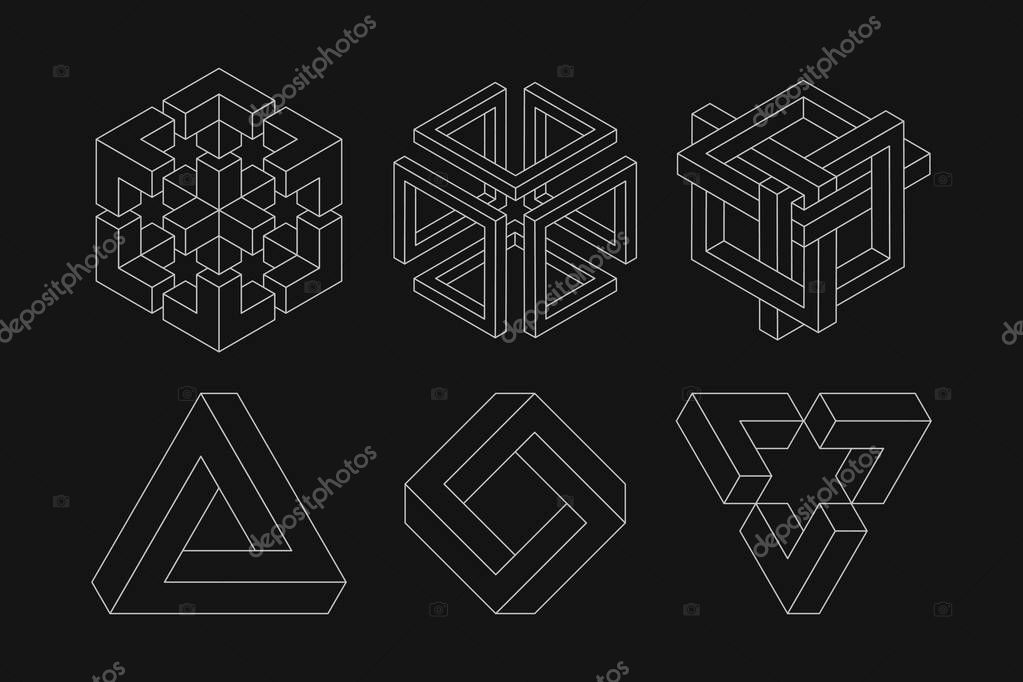 Set of impossible shapes. Optical Illusion. Vector Illustration isolated on white. Sacred geometry. White shapes. on a black background.