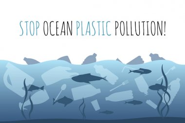 Okyanus plastik kirliliğini durdurun. Plastik çöp torbası, okyanus grafik tasarım şişe. Su atık sorunu yaratıcı kavram. Kısıtlayıcı işareti ile Eko sorun afiş.