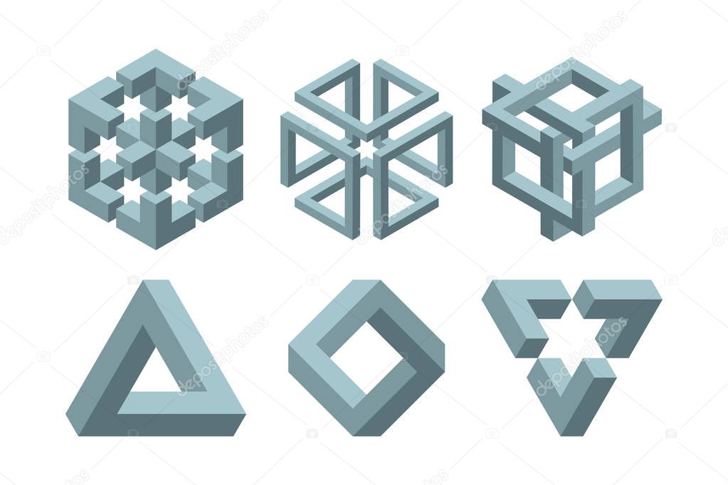 Graphic impossible shapes. Circle, square and triangle symbols with escher paradox impossible geometry geometric graphic
