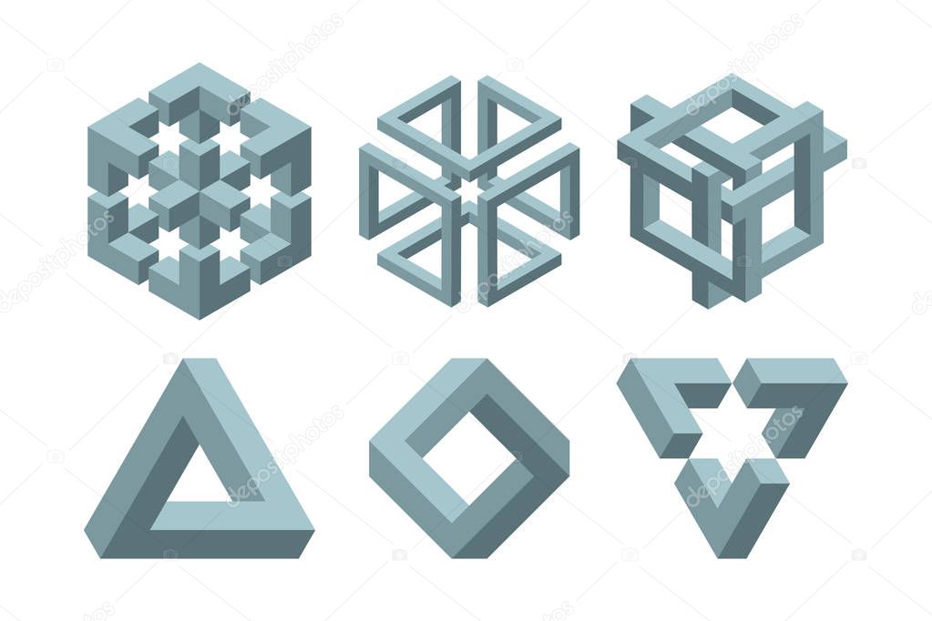 Graphic impossible shapes. Circle, square and triangle symbols with escher paradox impossible geometry geometric graphic, vector illustration