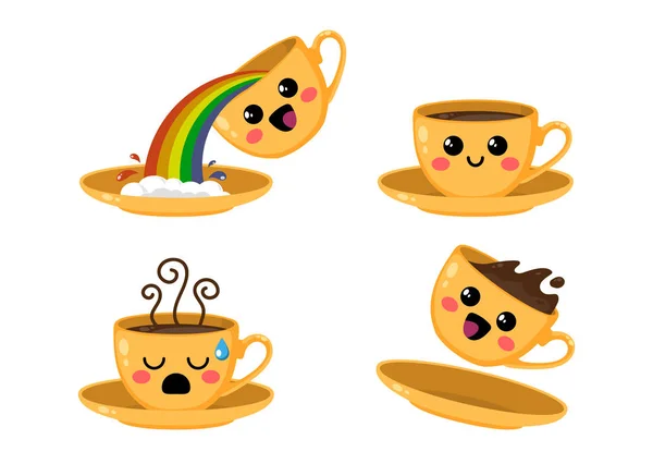 Beyaz bir arka plan üzerinde kawaii kahve seti Sarı bardak