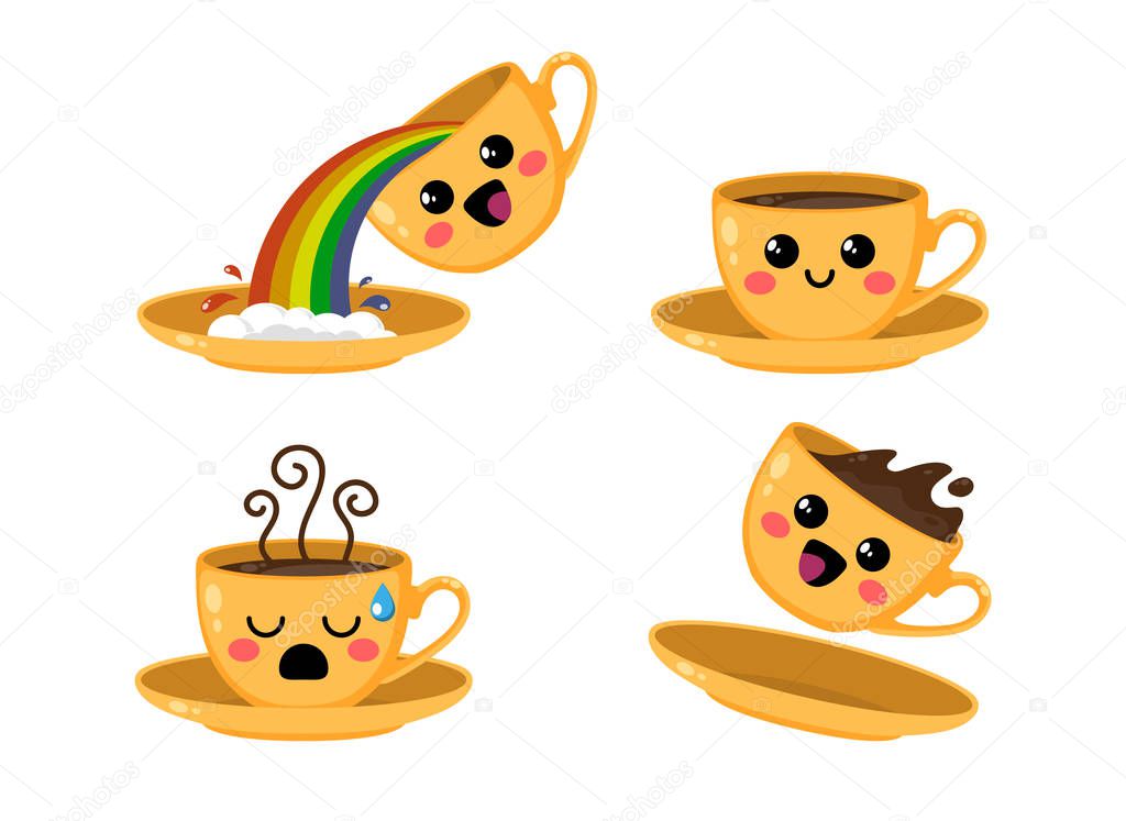 Yellow cups of kawaii coffee set on a white background