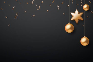Metin için noel topu yıldız konfeti altın ve siyah renkler dantel ile Noel arka plan
