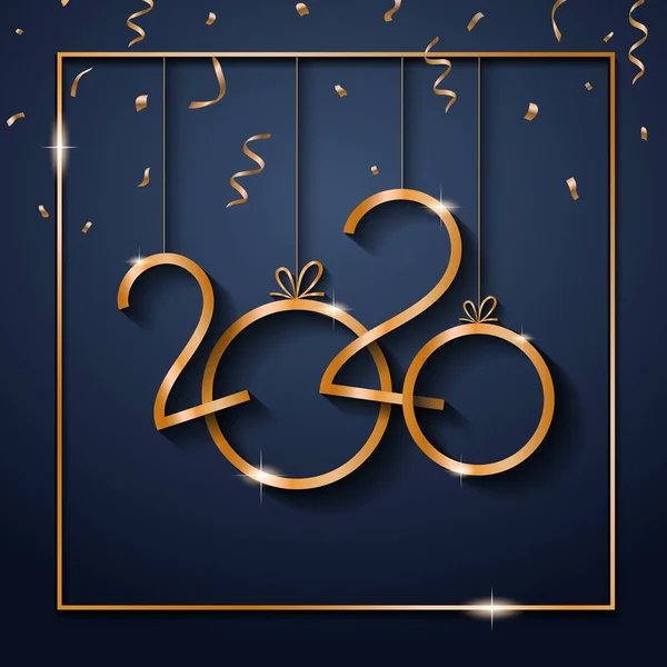 2020 Happy New Year text for greeting card, with gold glitter stars and confetti, calendar, invitation