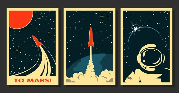 Векторные космические плакаты. Стилизован под старую советскую пропаганду космоса — стоковый вектор