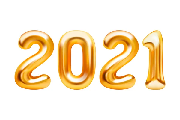 Feliz Año Nuevo 2021. Globos dorados realistas de fondo. Elementos decorativos de diseño. Objeto de renderizar balon 3d con cinta. Celebra la fiesta Póster, pancarta, tarjeta de felicitación. — Vector de stock