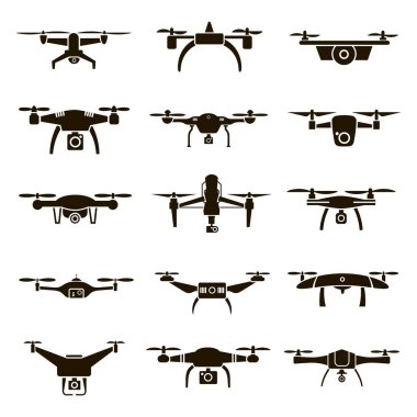 Beyaz bir arka plan üzerinde farklı quadcopters 15 siyah vektör simge kümesi