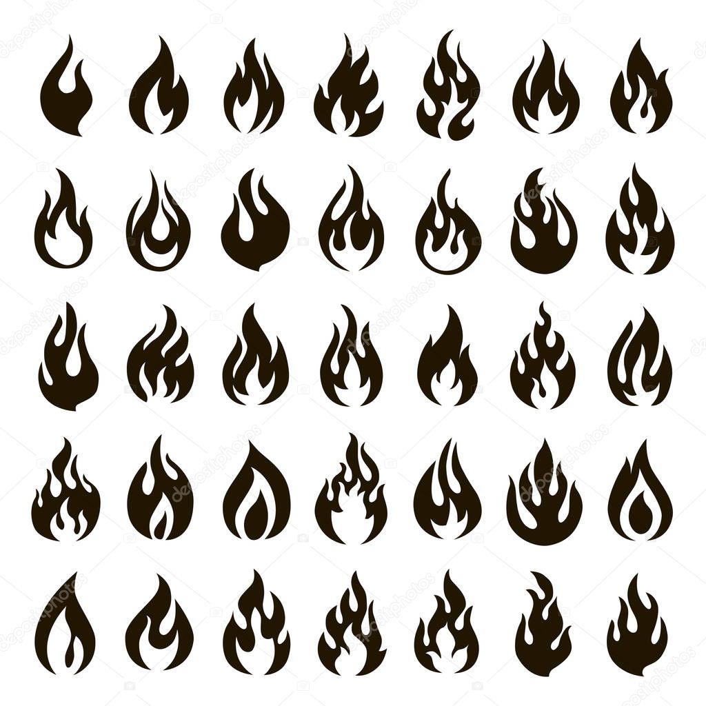 Set of 35 black vector flame icons on white background