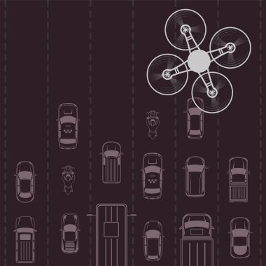Otomobil ve kamyon, otobüs, motosiklet ve beyaz uçağı ile mor vektör arka plan