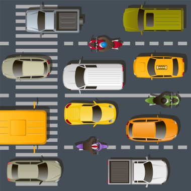 Otomobil ve kamyon, motosiklet ve bir çok şeritli yolda bir otobüs ile vektör arka plan