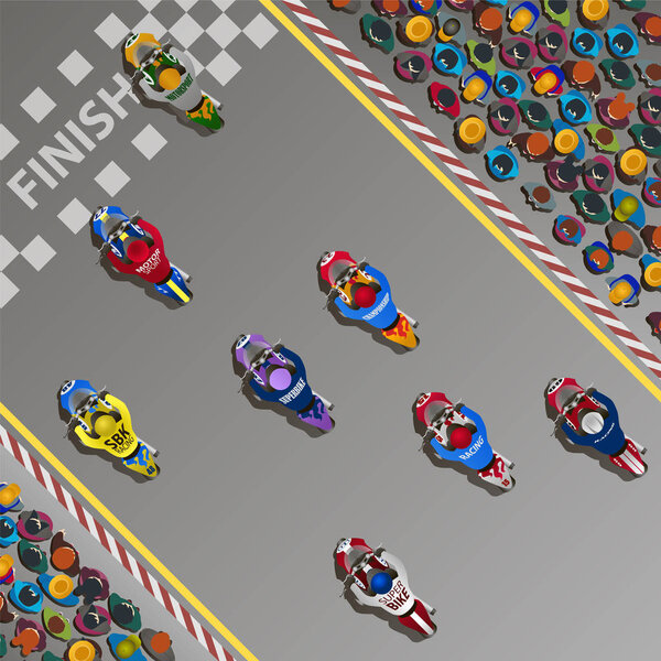 Vector color superbikes on the finish line of the race track with stands and spectators