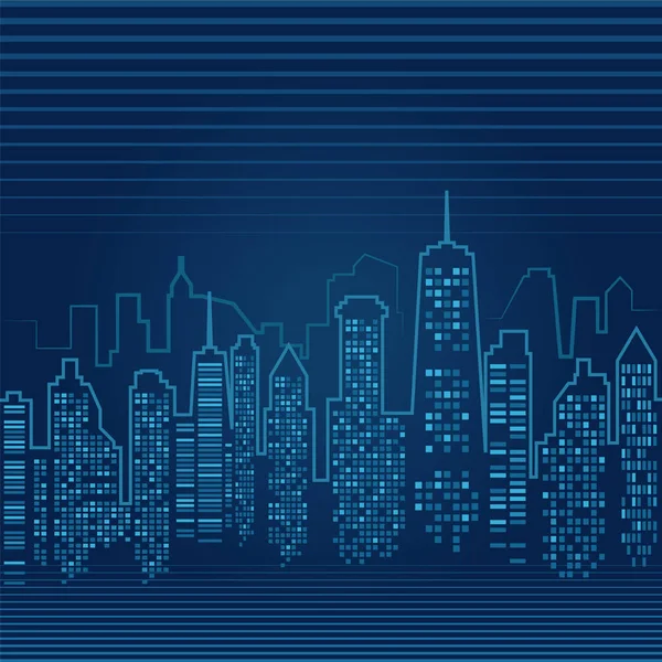 Blaue Vektor Stadt Mit Häusern Und Ihren Silhouetten Auf Gestreiftem — Stockvektor