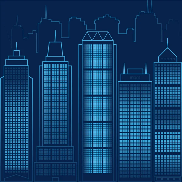Modré Noční Vektor Město Domy Jejich Siluety — Stockový vektor