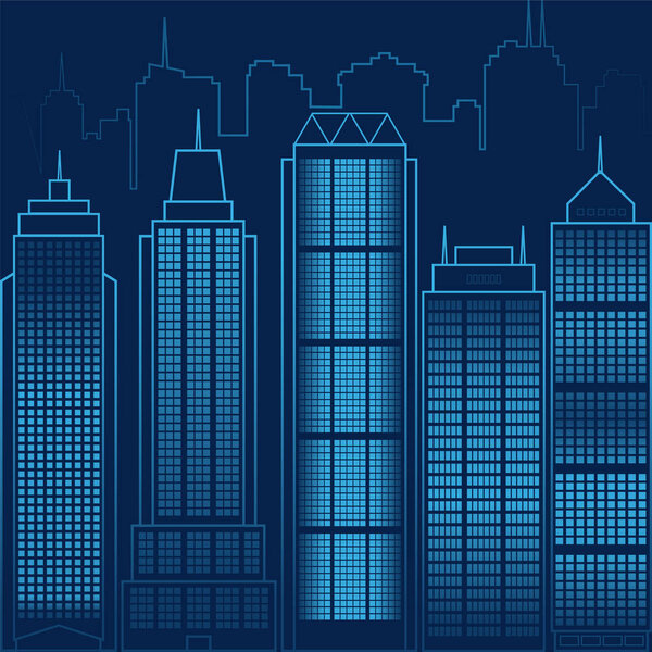 Blue night vector city with houses and their silhouettes