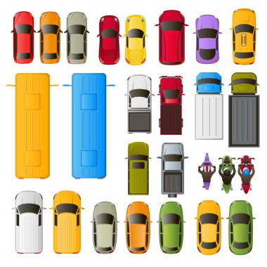 26 vector multi-colored icons of vehicles, top view: cars, trucks, buses, motorcycles, vans clipart