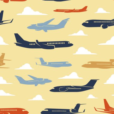 Vektör renk desen turuncu, koyu mavi, mavi uçaklar ve hafif sarı arka plan üzerinde beyaz bulutlar