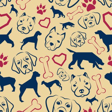 Vektör bej mavi köpek siluetleri, kırmızı kalpler, ayak izleri ve kemik ile seamless modeli