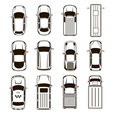 Siyah ve beyaz araba 12 vektör siluet simgeler ayarla