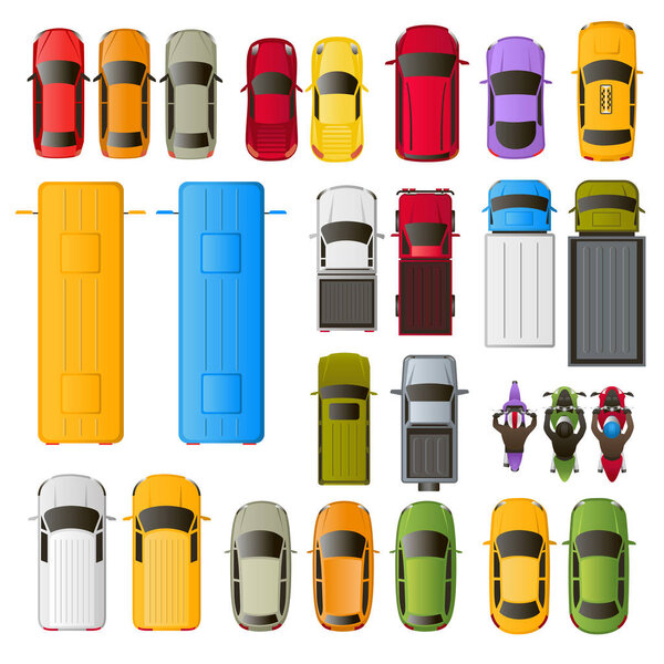 26 векторных разноцветных икон транспортных средств, вид сверху: автомобили, грузовики, автобусы, мотоциклы, фургоны
