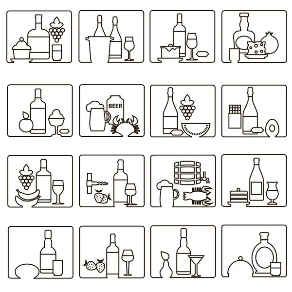 Set of 16 vector isolated black and white icons with food, drinks, bottles and glasses