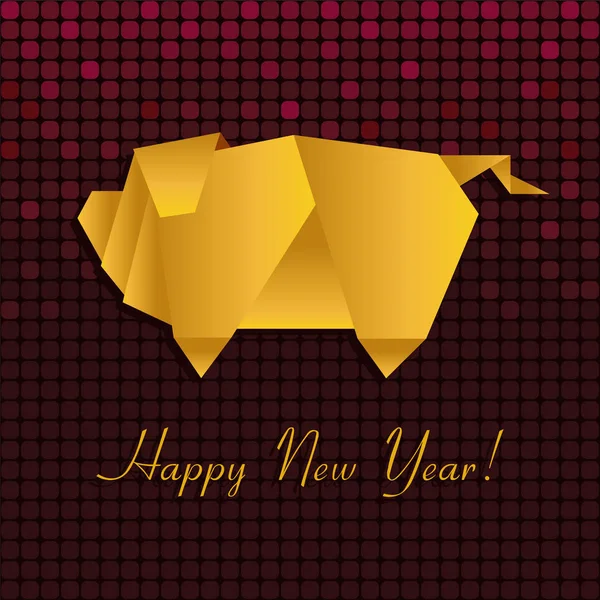 Vector Golden Pig Origami Sur Fond Bordeaux Chatoyant Avec Lettrage — Image vectorielle