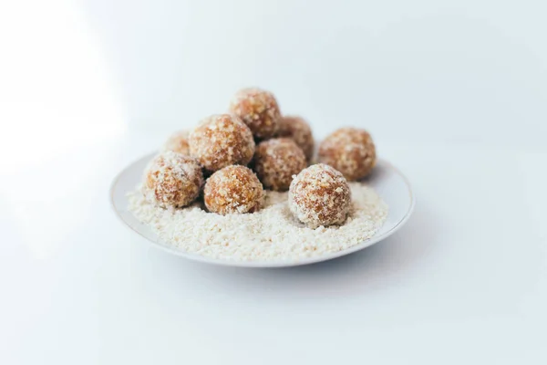 Fruit Balls Nut Crumb White Plate Blurred Background — Stock Photo, Image