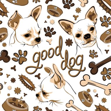 Chihuahua ve köpek aksesuarları ile dikişsiz vektör deseni