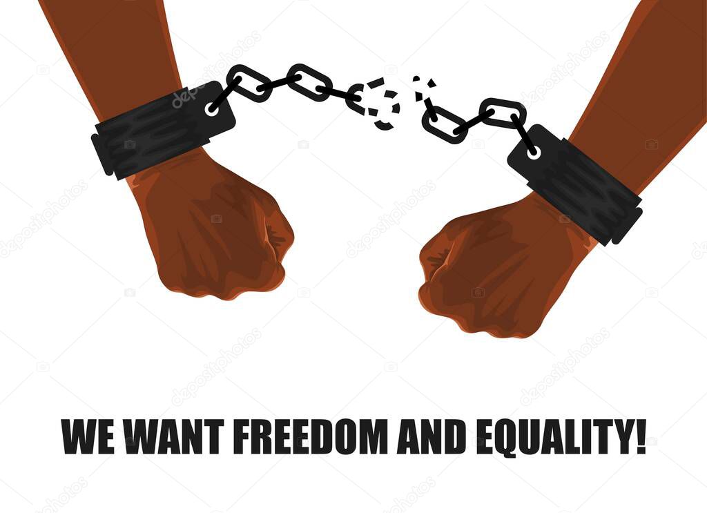 AFRICAN-AMERICAN HANDS IN BROKEN SHACKLES ON A WHITE BACKGROUND