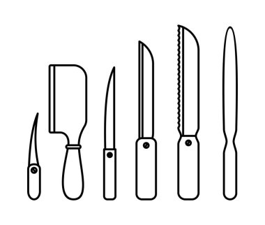 VECTOR 'daki beyaz bir arka bahçedeki mutfak bıçaklarının seti.