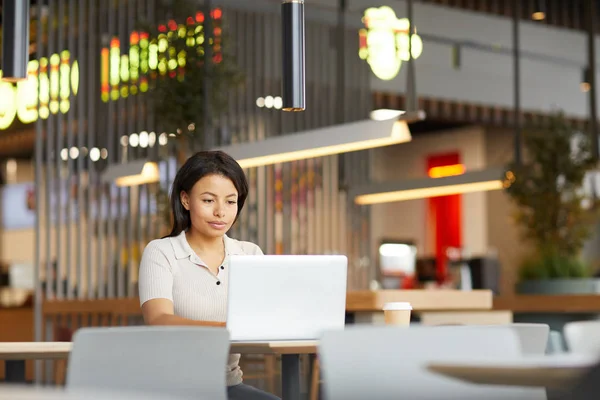 여성이 테이블에 앉아서 식당에서 컴퓨터로 온라인 문서를 입력하는 있습니다 — 스톡 사진