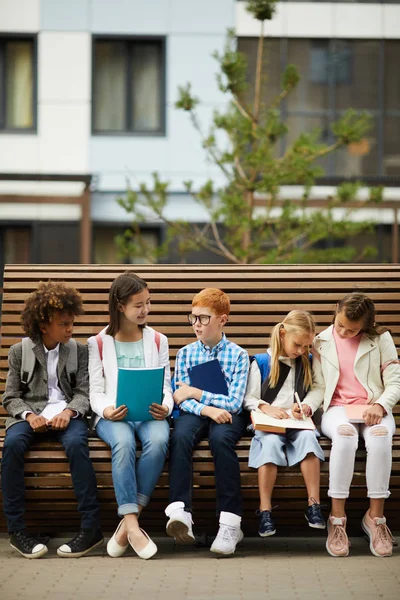 Grupo Escolares Sentados Juntos Banco Aire Libre Discutiendo Aprendiendo Nuevo — Foto de Stock