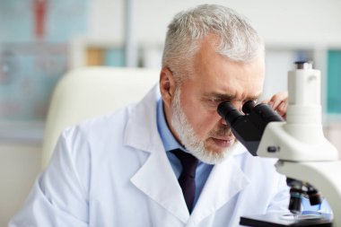 Ofisteki bilimsel araştırmalar sırasında mikroskoba bakan gri saçlı kıdemli doktorun yakın çekimi.