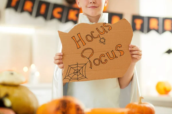 Portrait Cute Boy Dressed Magician Standing Holding Placard Halloween Party — Stock Photo, Image